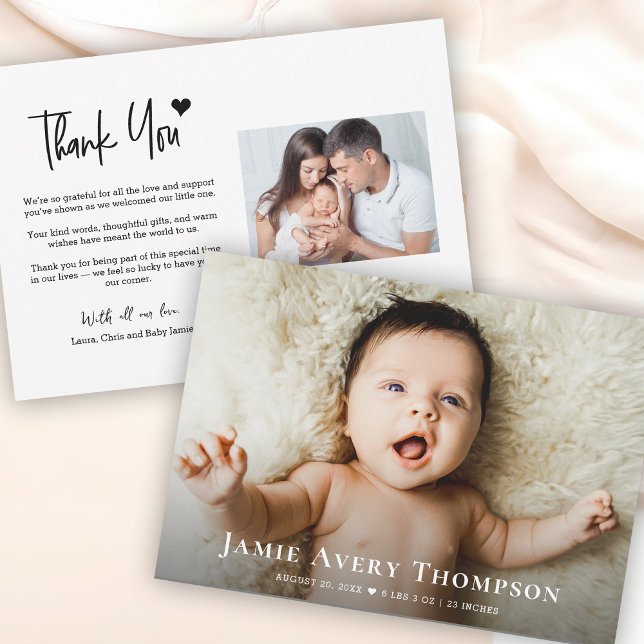 Faire-part Photos de bébé Merci Coeur Naissance moderne (Customizable Newborn photos baby birth announcement thank you cards.)