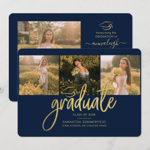 Faire-part Photos de remise de diplômes Navy Blue Script 2026