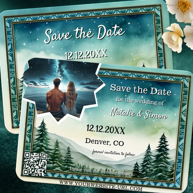 Faire-part Pine Stargazing Photo Hiver Enregistrer la date (Winter Save the Date card featuring a watercolor painting of pine trees in a landscape with stars)