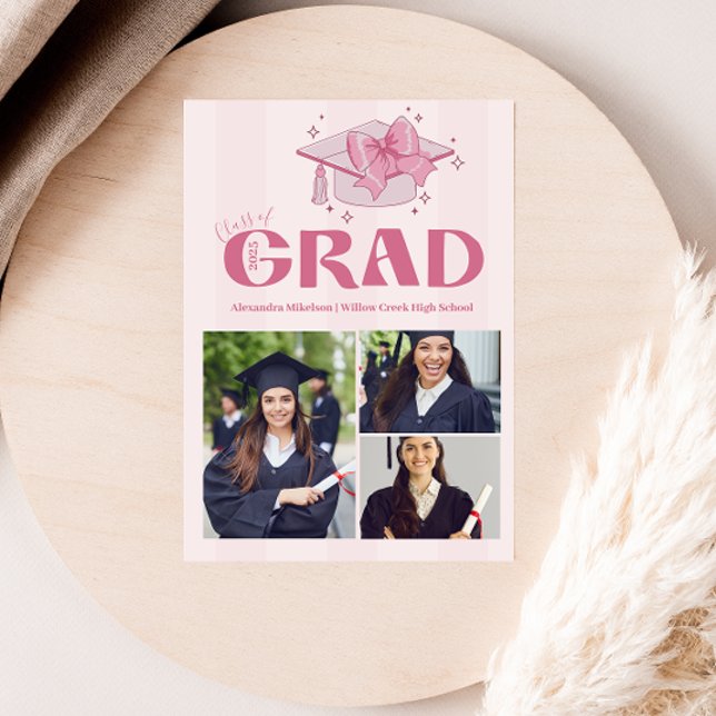 Faire-part Pink 3 Photos Coquette Bow Graduation Party (Créateur téléchargé)