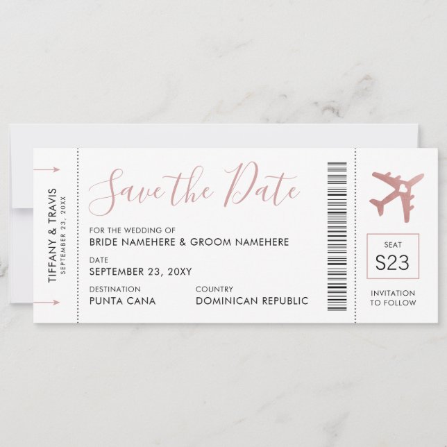 Faire-part Pink Boarding Pass Plane Ticket Save the Date (Devant)