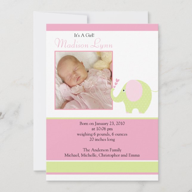 Faire-part Pink Elephant Baby Girl Photo Announcement Card (Devant)