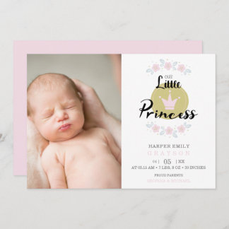 Faire-part Pink Floral Garland Princess Crown Newborn Girl