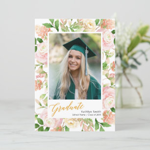 Faire-part Pink Floral Green Script Girl Photo Graduation