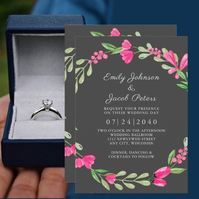 Faire-part Pink Floral Greenery Dark Grey Elegant Wedding (Créateur téléchargé)