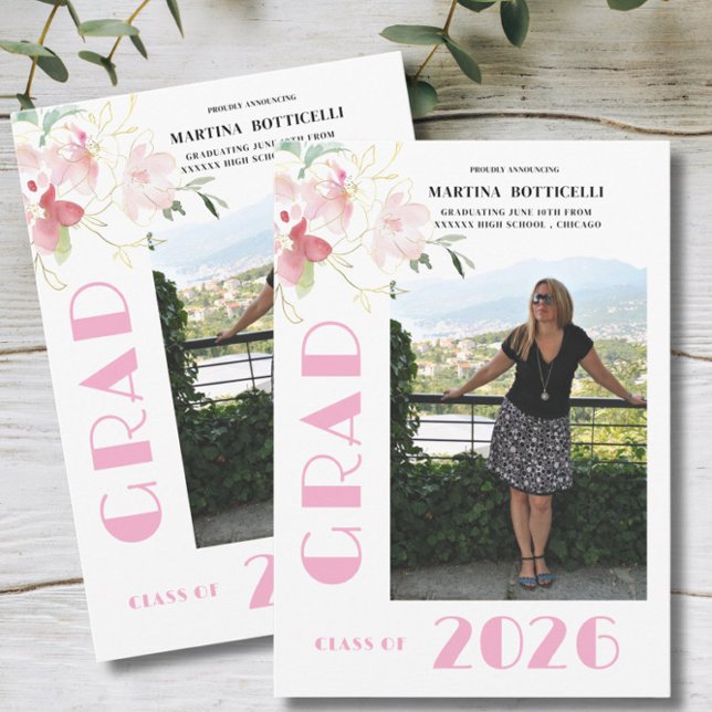 Faire-part Pink Floral Photo Graduation Announcement (Créateur téléchargé)