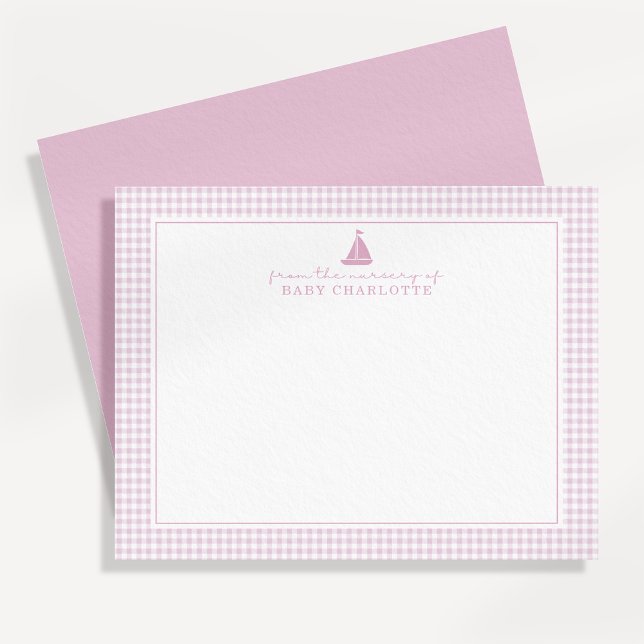 Faire-part Pink Gingham Sailboat Nursery Note Card (Créateur téléchargé)