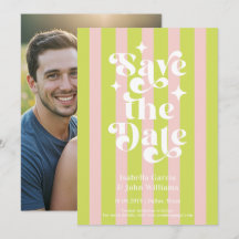 Pink Green Retro Typography Wedding Save The Date