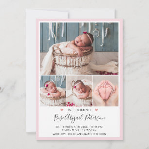Faire-part Pink Photo Bienvenue Statistiques bébé Nouveau-né 