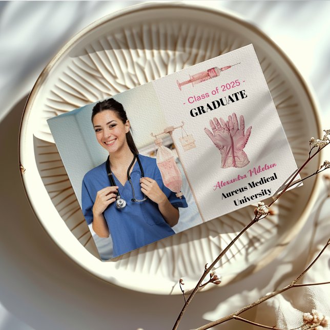 Faire-part Pink Photo Watercolor École de soins infirmiers (Créateur téléchargé)