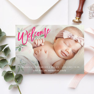 Faire-part Pink Welcome Script avec photo Baby Girl Birth