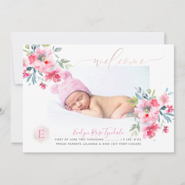 Faire-part PixDezines Monogramme+Jardin Roses naissance bébé  (Devant)
