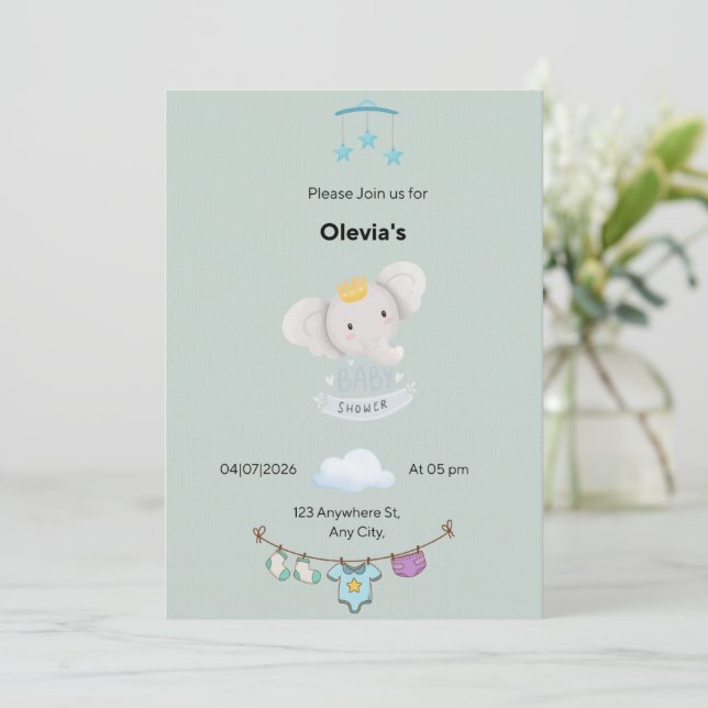 Faire-part plat de Baby Shower vert sauge (Debout devant)
