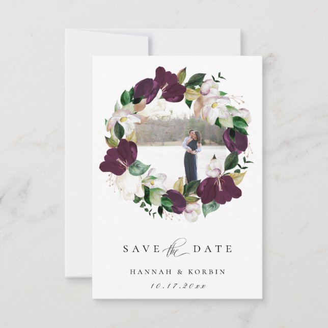Faire-part Plum Ivory Floral Wreath Photo Enregistrer La Date (Devant)