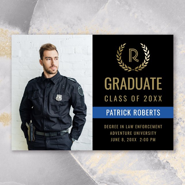 Faire-part Police Black Gold Laurel Wreath Photo Graduation (Classic Black Blue Photo Police Graduation Announcement)
