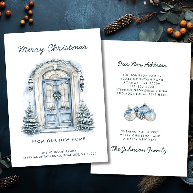 Faire-part Porte bleue Joyeux Noël de New Home (Blue Front Door Merry Christmas from Our New Home Holiday Moving Announcement Flat Card)