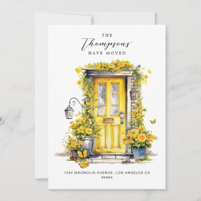 Faire-part Porte fleurie jaune Nous avons déplacé la photo Dé (Devant)