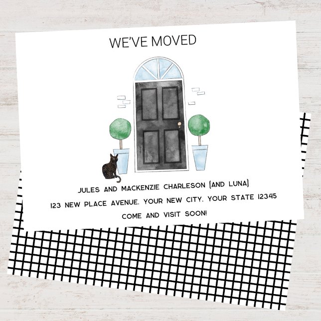 Faire-part Porte noire et chat Nous avons déménagé Nouvelle m (Black door cat watercolor custom text new home we I have moved change of address moving announcement)