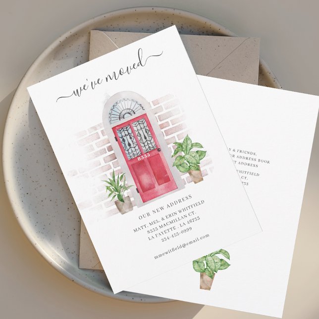 Faire-part Porte rouge aquarelle Nous avons déménagé Déménage (Watercolor Red Door Moving Announcement)