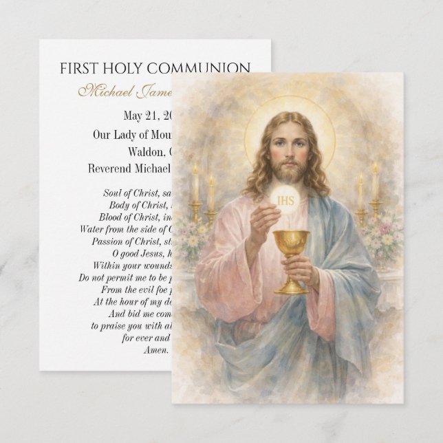 Faire-part Première Communion Jésus Eucharistie Souvenir Priè (Devant / Derrière)
