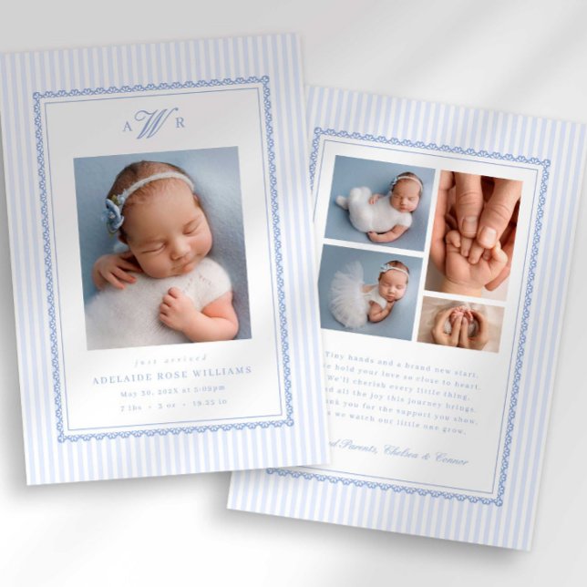 Faire-part Preppy Stripe Monogram Photo Birth Announcement (Créateur téléchargé)