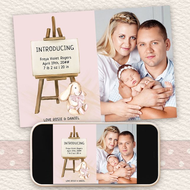 Faire-part Présentation de Easel & Bunny Photo Naissance Bébé (Photo Birth Announcement with cute nursery design. Buy printed or as printable digital download)