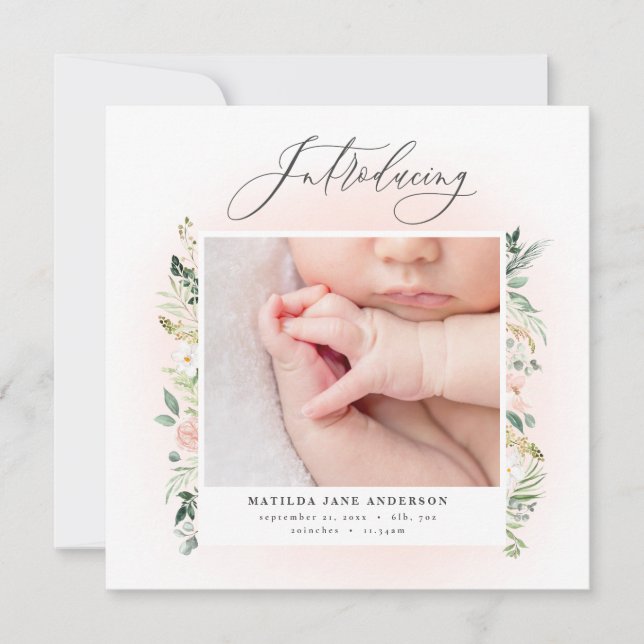 Faire-part Présentation de la photo blush rose floral naissan (Devant)