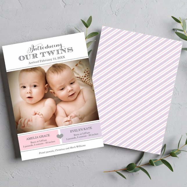 Faire-part Présentation de nos filles jumelles rose violet ph (Créateur téléchargé)
