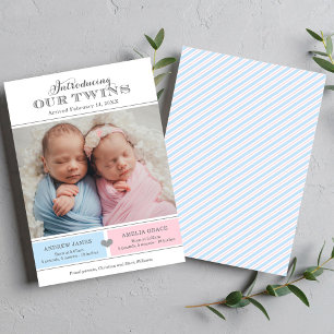 Faire-part Présentation de nos jumeaux bébé garçon fille phot