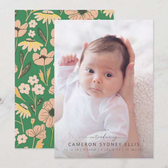 Faire-part Présentation de photo florale verte de nouveau-né (Devant / Derrière)