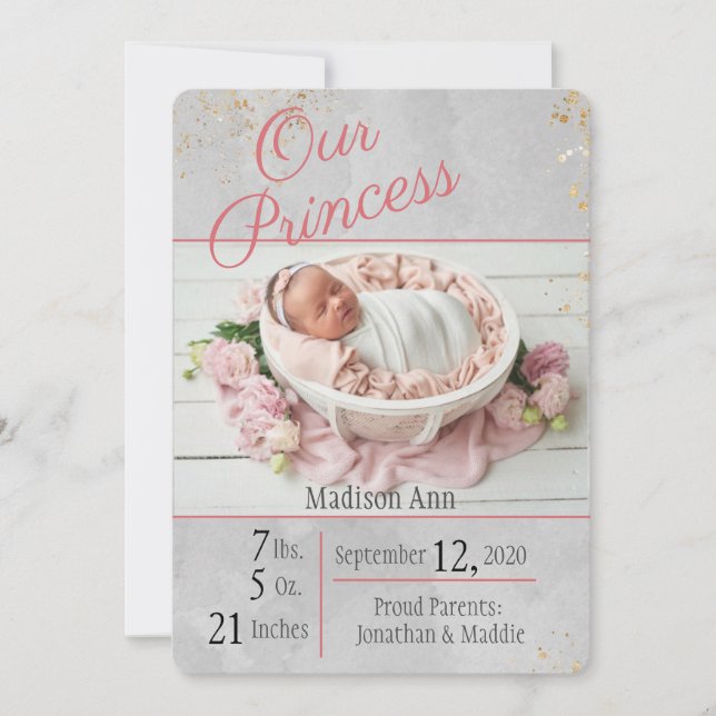 Faire-part Princess Pink l Grey Baby Girl Photo de naissance (Devant)