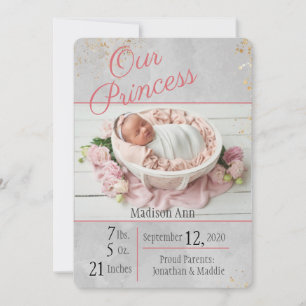Faire-part Princess Pink l Grey Baby Girl Photo de naissance