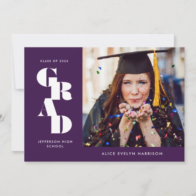 Faire-part Purple Bold Serif simple photo Graduation (Devant)