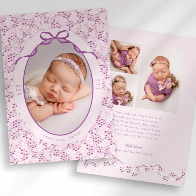 Faire-part Purple Ditsy Floral Bow Photo Birth Announcement (Créateur téléchargé)
