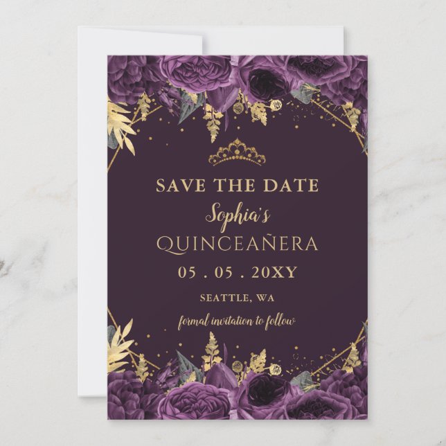 Faire-part Purple Gold Floral Quinceañera Enregistrer la date (Devant)