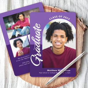 Faire-part Purple Graduation 4 Photo Bold Arch Script Moderne