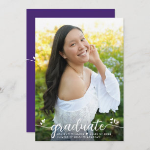 Faire-part Purple Graduation Photo Calligraphie moderne Coeur