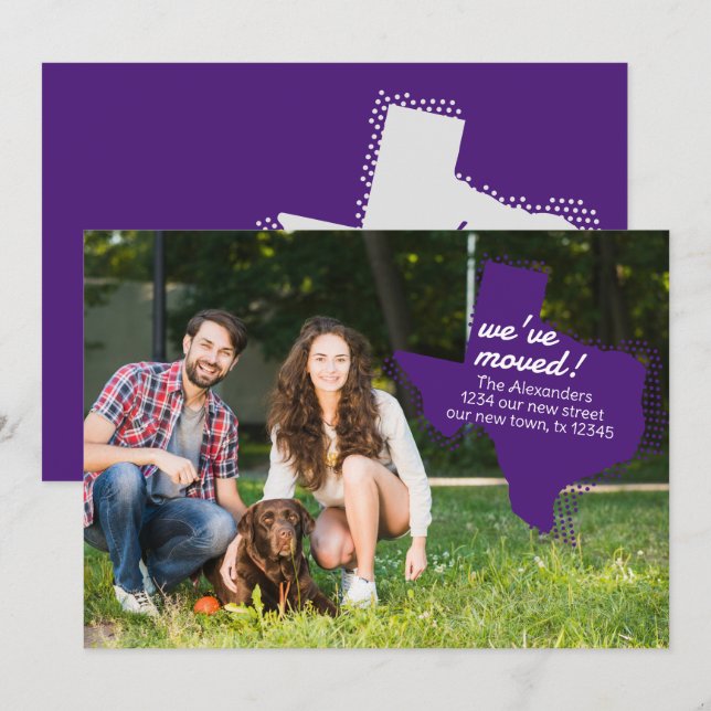 Faire-part Purple Nous Avons Déménagé - Dotted Texas Moving (Devant / Derrière)