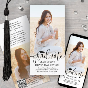 Faire-part QR Code & 2 Photos Moderne Black Script Graduation