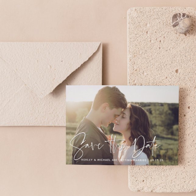 Faire-part QR Code Modern Script Photo Wedding Enregistrer La (Save the Date for our wedding!  #LoveBegins)