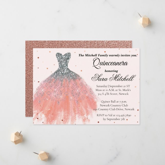 Faire-part Quinceanera Invitation, Birthday Invite for sweet (Devant/Arrière en situation)