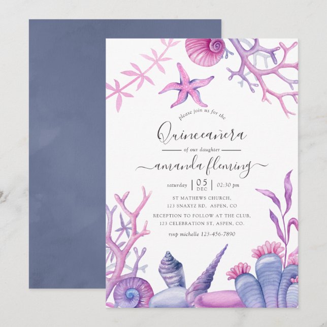 Faire-part Quinceañera sous la mer (Devant / Derrière)