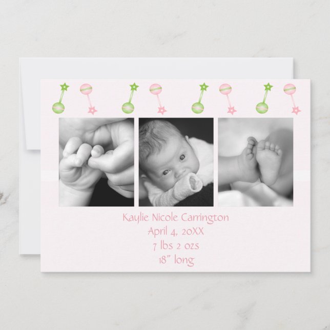 Faire-part Rattle n Roll Annouement de naissance (rose) (Devant)