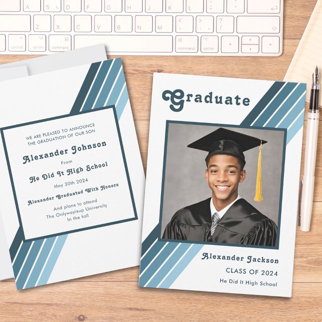 Faire-part Rayure Bleue Rétro Diplômé Photo Lycée (Retro blue groovy 70s vintage grad photo high school graduation announcement card)