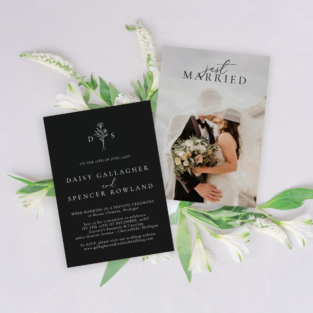 Faire-part Réception De Mariage Floral Moderne Noir Simple (Créateur téléchargé)