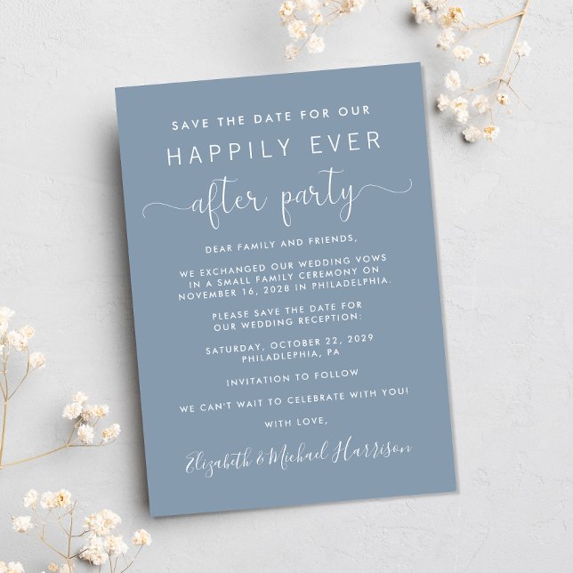 Faire-part Réception de mariage Photo Dusty Blue Enregistrer  (A stylish save the date announcement for a reception to celebrate your elopement or private wedding)
