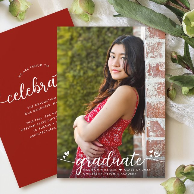 Faire-part Red Graduation Photo Calligraphie Coeurs Moderne (Créateur téléchargé)