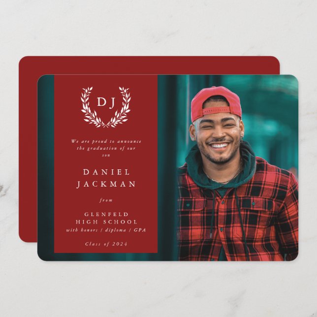 Faire-part Red Monogram Laurel Wreath Graduation Photo (Devant / Derrière)
