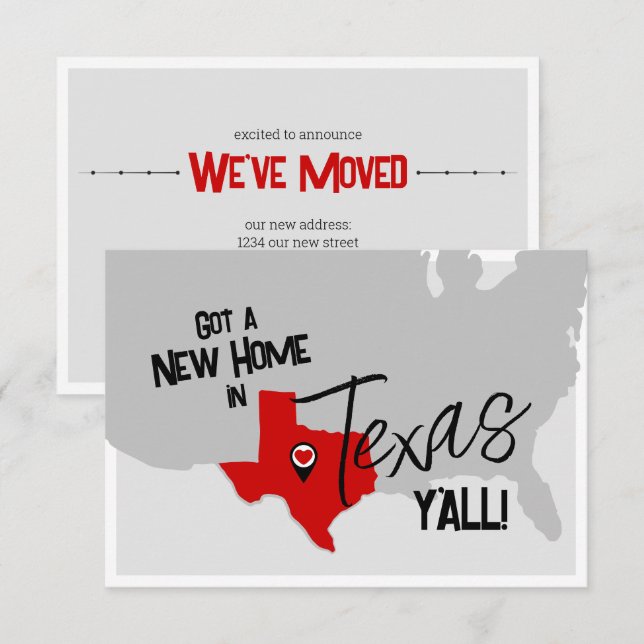 Faire-part Red New Home au Texas Y'all Moving (Devant / Derrière)