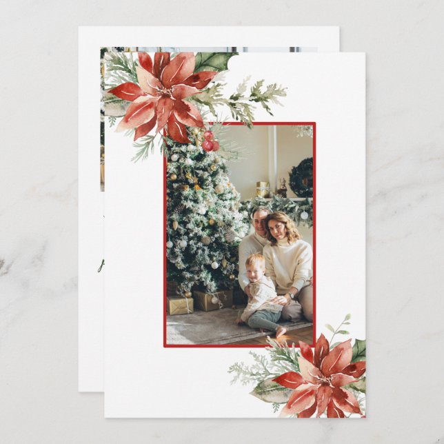 Faire-part Red Poinsettia Holly 2 Photo Noël (Devant / Derrière)